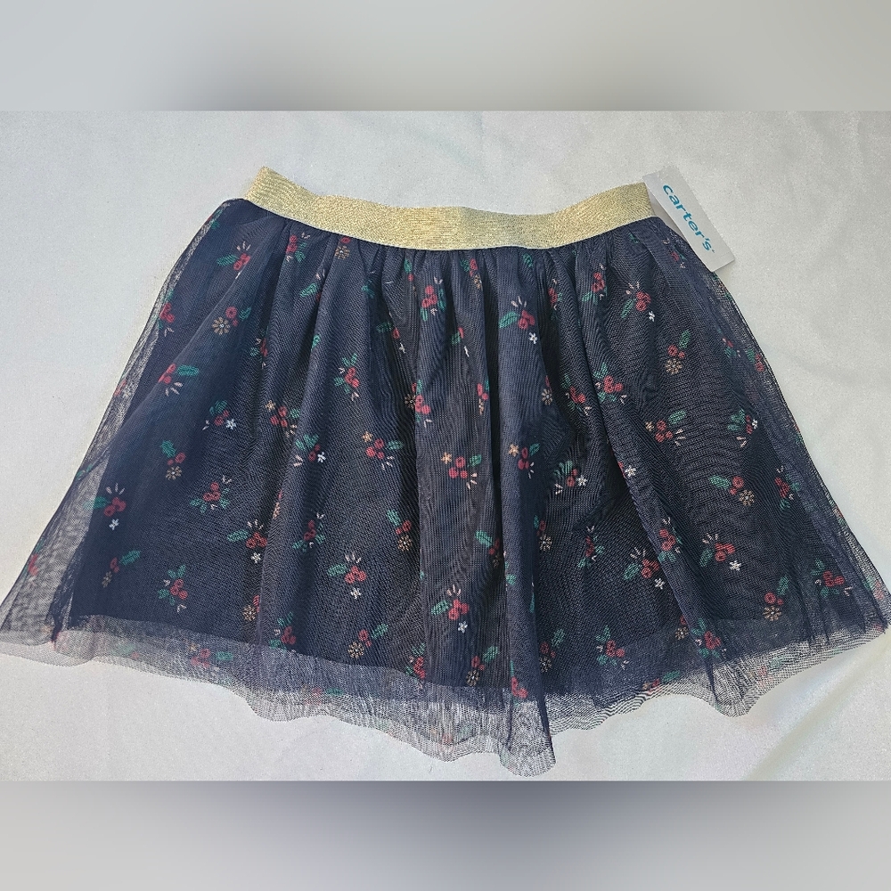 Carter's Black/Navy Tulle Skirt- Floral/Berry Print, Gold Waist- Size 7 - NWT